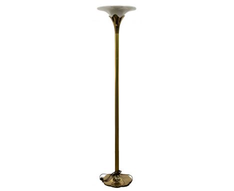 Stiffel Brass Torchiere Floor Lamp  Art Deco style brass lily-shaped floor lamp having a dimming switch; Stiffel sticker to u