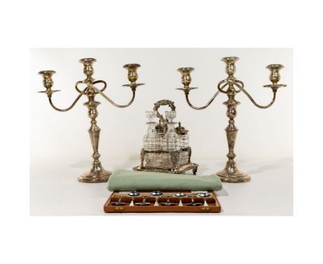 Sterling Silver and Silverplate Object Assortment  (11) items including (2) weighted candelabras marked 'sterling', (6) 'Aber