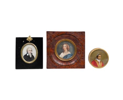 Miniature Portrait Assortment  (3) items including a round format portrait on vellum (after) Anthony van Dyck (Flemish, 1599-