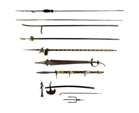 Ethnographic and Decorative Weapon Assortment  (11) items including a hand forged Indian khanda sword having a 31.5-inch doub