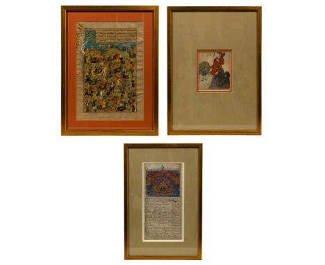 Persian Illuminated Manuscript Assortment  (3) items on paper including a crowded cavalry battle scene having Farsi text outl