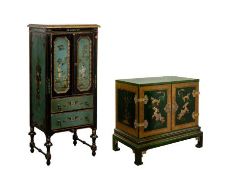 Asian Painted Cabinets  (2) items including a Japanned William and Mary style cabinet in tones of blue and black having (2) d