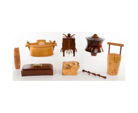 Artisan Signed Wood Box Assortment  (4) contemporary signed items including Japanese style maple and cherry bucket shape havi
