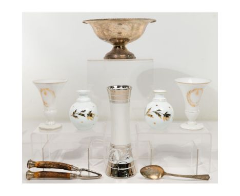 Silver and Gilt Vase Assortment  (8) items including a Lunt silver pedestal bowl, a tablespoon and a bone-handled silver tipp