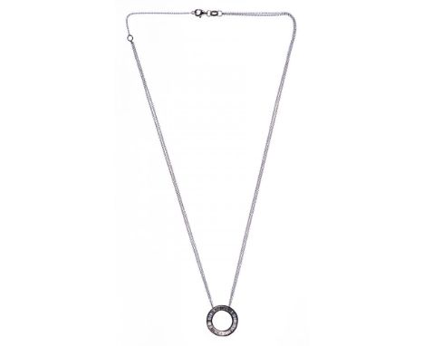 18k White Gold and Diamond Pendant on Necklace  Circular pendant having baguette cut diamonds on a double chain necklace; bac