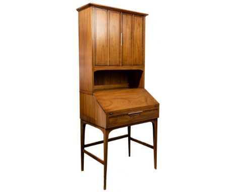 (Attributed to) Kent Coffey Secretary Library Desk  Bookcase cabinet having walnut and pecan cross-grain veneers with brushed