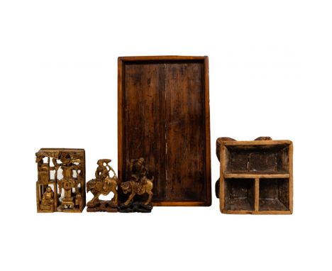 Asian Wood Object Assortment  (5) items including (2) gilt wood carvings depicting immortals riding mythical beasts; gilt car