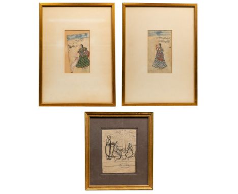 Mughal Gouache on Paper Assortment  (3) Rajasthani provincial Mughal miniatures including (2) depictions by the same hand of 