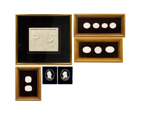 Plaster Intaglio Framed Assortment  (6) items including (2) oval portraits behind glass on velvet-lined boards, (3) framed di