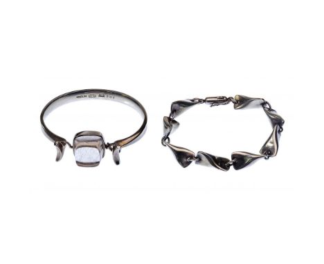 Georg Jensen Sterling Silver Bracelets  (2) bracelets including Torun 207 cuff having a cube-shaped natural crystal and a twi
