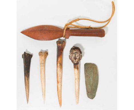 Oceanic Wood, Bone and Stone Weapon Assortment  (6) items including a carved wood Solomon Islands Malaitian war club having a