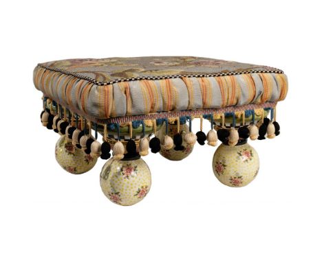 MacKenzie Childs Floral Tapestry Ottoman  Cushion having square shape and woven floral motif on top with black and white chec