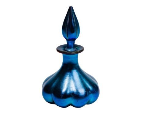 (Attributed to) Steuben Art Glass Perfume Bottle  Etch marked 'Aurene 1468', a blue iridescent having a scalloped bulbous sha