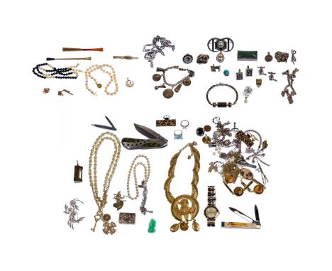 Gold, Silver and Costume Jewelry Assortment  Including a pendant marked '18k'; (2) necklaces, an initial pin, a clasp and (2)