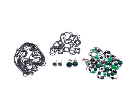 David Yurman Sterling Silver Necklace and Earring Assortment  (5) items including a black silver chain having rhinestone pave