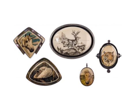 Sterling Silver and Bone Jewelry Assortment  (5) items including a belt buckle with a stag and pendants having a unicorn, a h