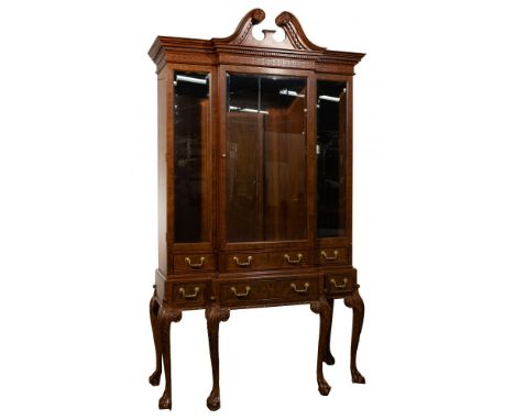 Baker China Cabinet  Chippendale style carved walnut breakfront china display cabinet / bookcase from the 'Stately Homes Coll