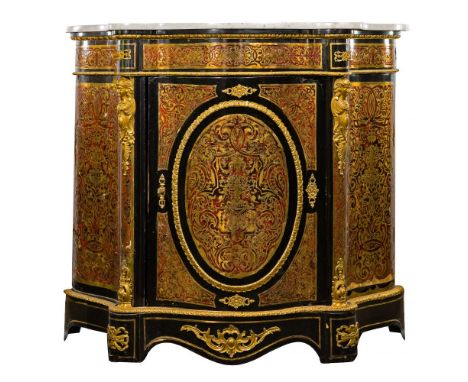 Boulle Style Marble Top Cabinet  Having an ivory marble top on an ebonized black wood cabinet decorated with ormolu figural e