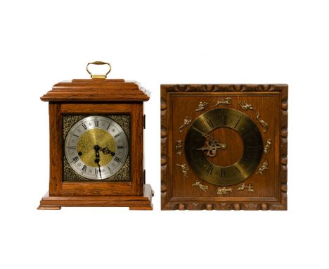 Wall and Mantel Clocks  (2) items including a chain driven pendulum striking clock having a carved wood box with brass accent