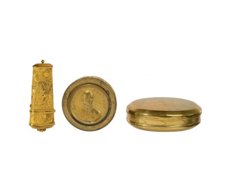 18th Century Engraved Brass Tobacco Box  c.1760 Flemish / Dutch hinged oval box having engraved images of Cupid and Psyche in