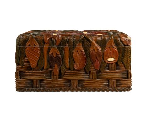 Honduran Carved Wood Trunk  Having carved woven and floral motifs including painted pistils / stamens of flowers; lid opens w