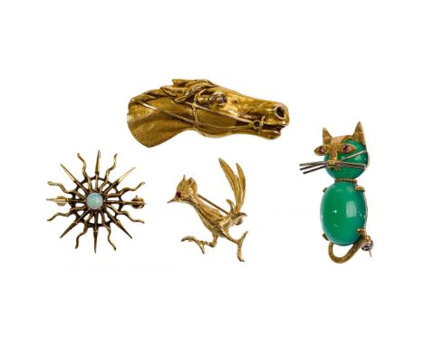 Gold Figural Pin Assortment  (4) items including cat having jadeite jade body and head with round cut ruby eyes marked '18k';