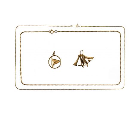 14k Yellow Gold Jewelry Assortment  (4) items including (2) necklaces, a pendant and a charm; most marked '14k' / '585'  Prop
