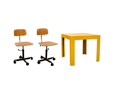 MCM Furniture Assortment  (3) items including (2) Danish Modern laminated wood and steel Kevi adjustable swivel chairs design