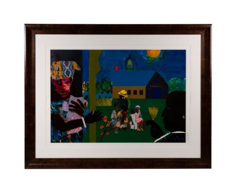 Romare Bearden (American, 1911-1988) 'School Bell Time' Serigraph  Undated, signed and #368/950 lower right margin, depicting