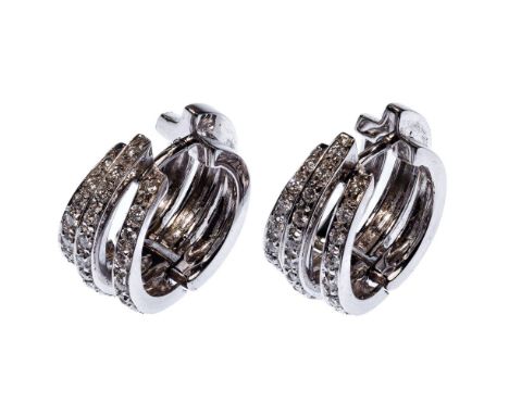 18k White Gold and Diamond Triple Hoop Pierced Earrings  (3) connected hinged hoops having round cut diamonds on the front; m