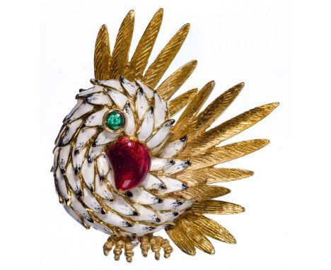 18k Yellow Gold, Enamel and Emerald Bird Brooch  White enamel having a red enamel beak with a round cut emerald eye; marked '