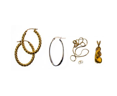 22k, 18k and 14k Yellow Gold Jewelry Assortment  (5) items including a nugget pendant showing inclusions, a marked '750' pair