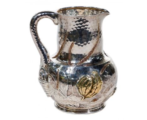 Tiffany &amp; Co. 'Japonesque' Mixed Metal Pitcher  Hammered silver 4.25 pint pitcher having mixed metal botanical decoration