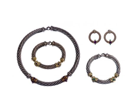 David Yurman 14k Gold, Sterling Silver and Gemstone Jewelry Assortment  (4) items including a matching choker necklace and br