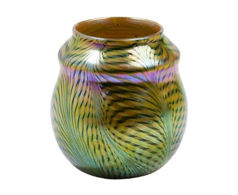 Quezal Art Glass Vase  Inscribed on underside having hooked pulled feathers in gold, accented with a pulled green design  Pro