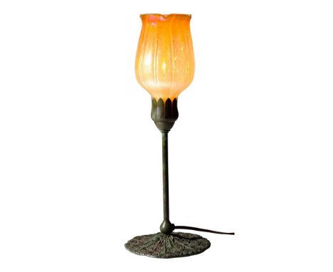 Lundberg Studios Art Glass Lamp  Tulip shade, hand blown, gold iridescent with white interior, etch marked and dated 1993 on 