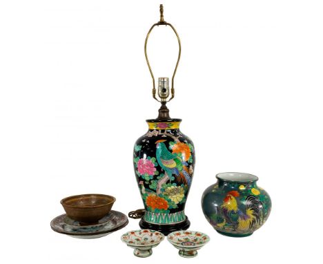 Asian Pottery and Porcelain Assortment  (8) items including a vase having a rooster motif, (2) famille rose plates, (4) hand 