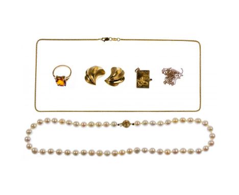 Gold Jewelry Assortment  (6) items including a locket; in marked '14k' / '585' a pearl necklace having a gold clasp, a neckla