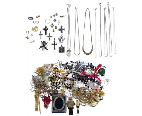 Gold, Sterling Silver, Costume Jewelry and Watch Assortment  Including (6) pairs of earrings, most marked '14k'; (2) pairs of