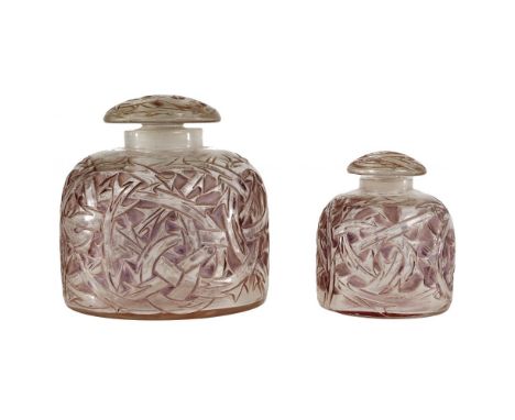 R. Lalique 'Epines' Crystal Perfume Decanters  (2) matching flacons having embossed briers in frosted and purple patinated gl