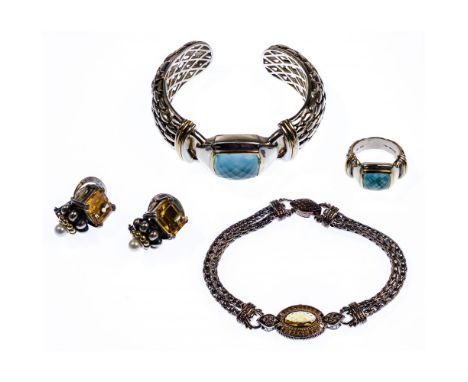 Gabrielle Bruni and Caviar Gold and Sterling Silver Jewelry Assortment  (4) items including a sculpted mesh hinged cuff brace