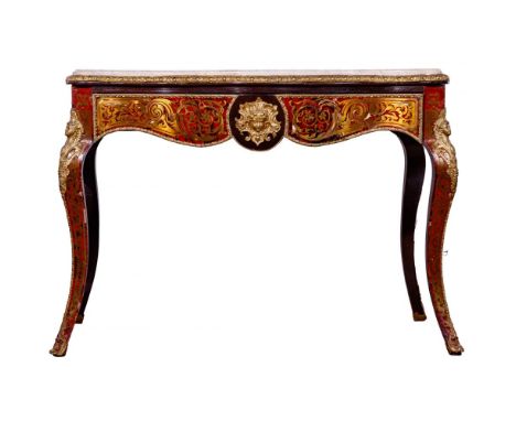 Boulle Style Marble Top Hall Table  Having an ivory marble top framed in gilt molding atop an ebonized wood frame accommodati