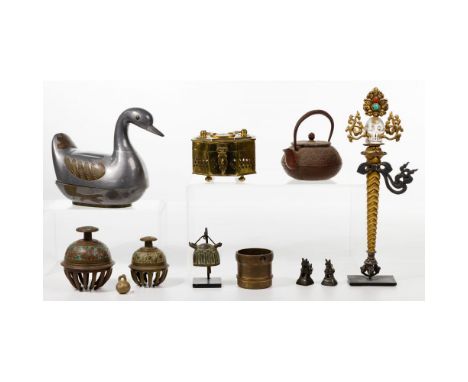 Asian Metal Object Assortment  (10) items including (2) enamel and brass elephant bells, a buffalo bell, (2) serpent weights,