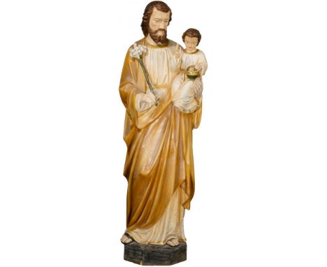 St. Joseph Statue  Poly-chrome, resin and metal religious statue depicting St. Joseph holding the Christ Child  Height: 51 in