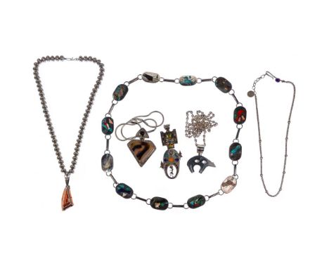 Artist Signed Sterling Silver Necklace Assortment  (5) items with (4) having pendants including birds by 'H R Coonis Zuni'; b