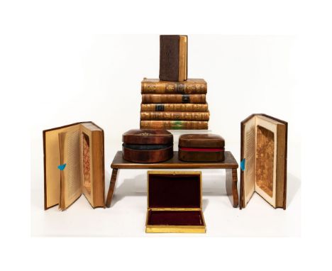 Decorative Book-Shaped Box Assortment  (4) items including a stack of (5) 19th century French leather bound volumes hollowed-