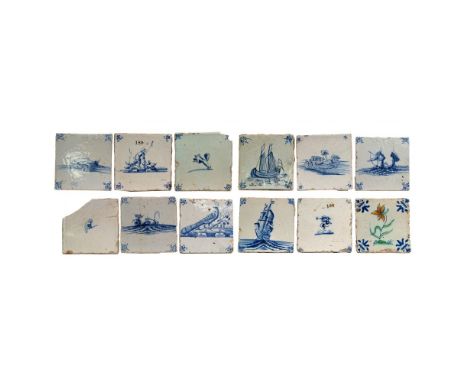 Delft Ceramic Tile Assortment  (12) blue on white items including depictions of animals, figures in landscapes, sailing ships