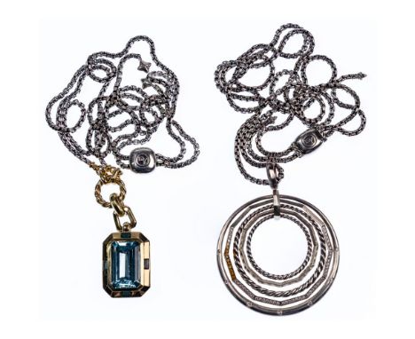 David Yurman Sterling Silver Necklaces  (2) items including a box link chain necklace with gold loop and blue topaz and gold 