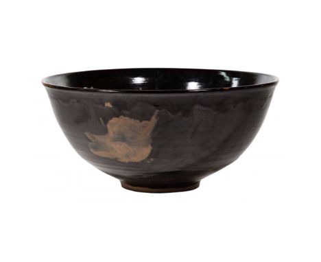 Japanese Karatsu Ceramic Drip Glaze Bowl  Having dark glaze with intermittent lighter brown areas, including exposed, non-gla