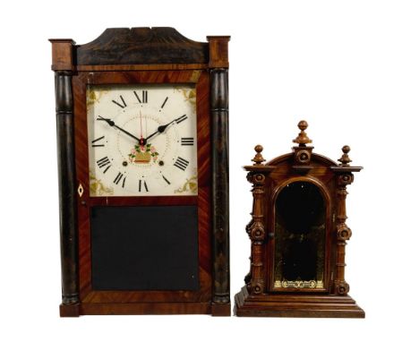 Seth Thomas Pillar and Scroll Shelf Clock  19th century, designed by Eli Thomas, having painted metal dial and stenciled eagl